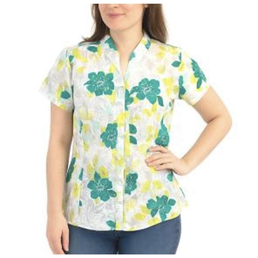 Christopher & Banks SS Button Shirt Womens M Floral Print Textured White Top